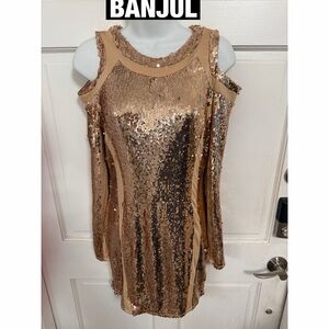 Banjul Shimmering Gold Sequin Open Shoulder DressDress